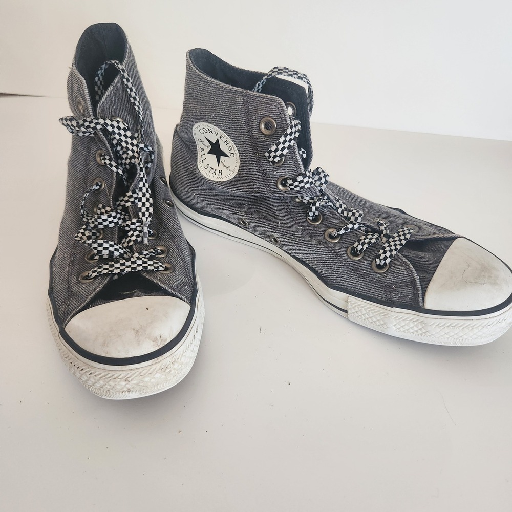 Converse All Star High Top Sneakers Denim Gray Checkerboard Lace Casual